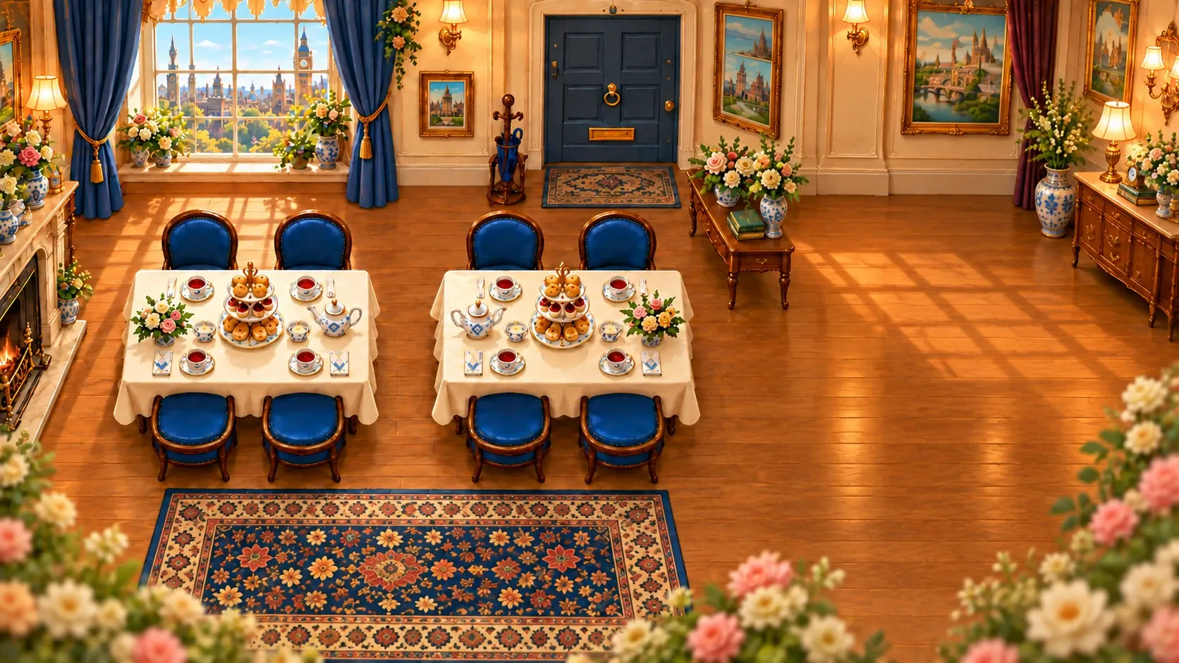 A London tearoom with two separate tea tables, a window on the left and a door on the right. Each table has two chairs along the back wall and two facing them on the room side.
