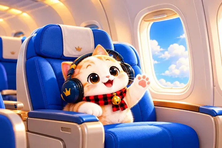 The kitten waving from an airplane seat
