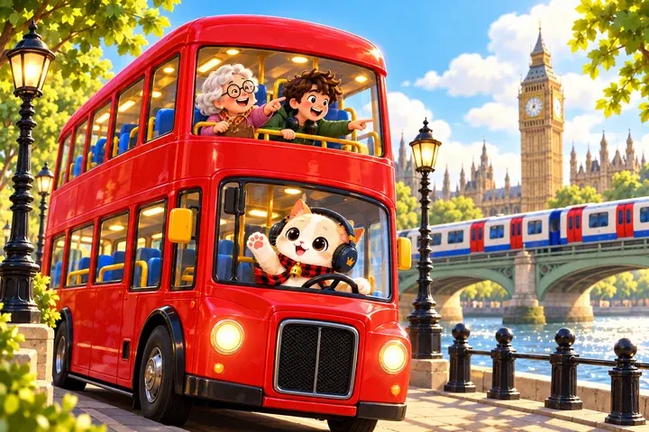 A red London bus beside the Thames