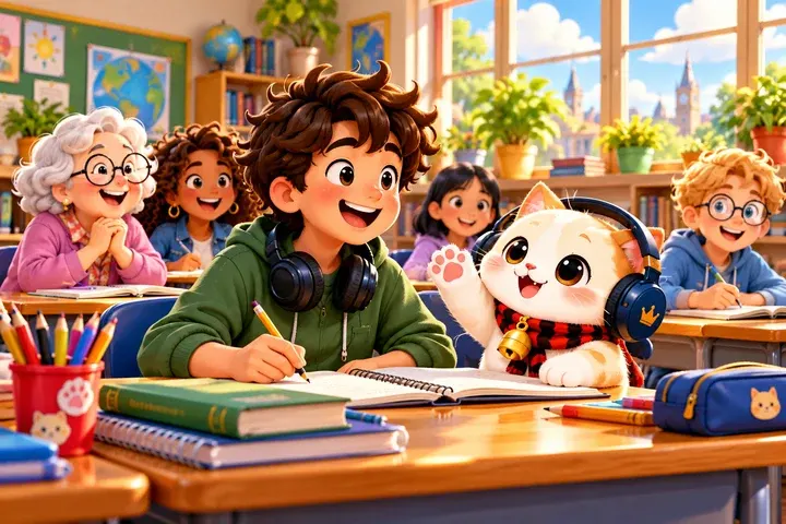 A cheerful classroom with the headphone kitten